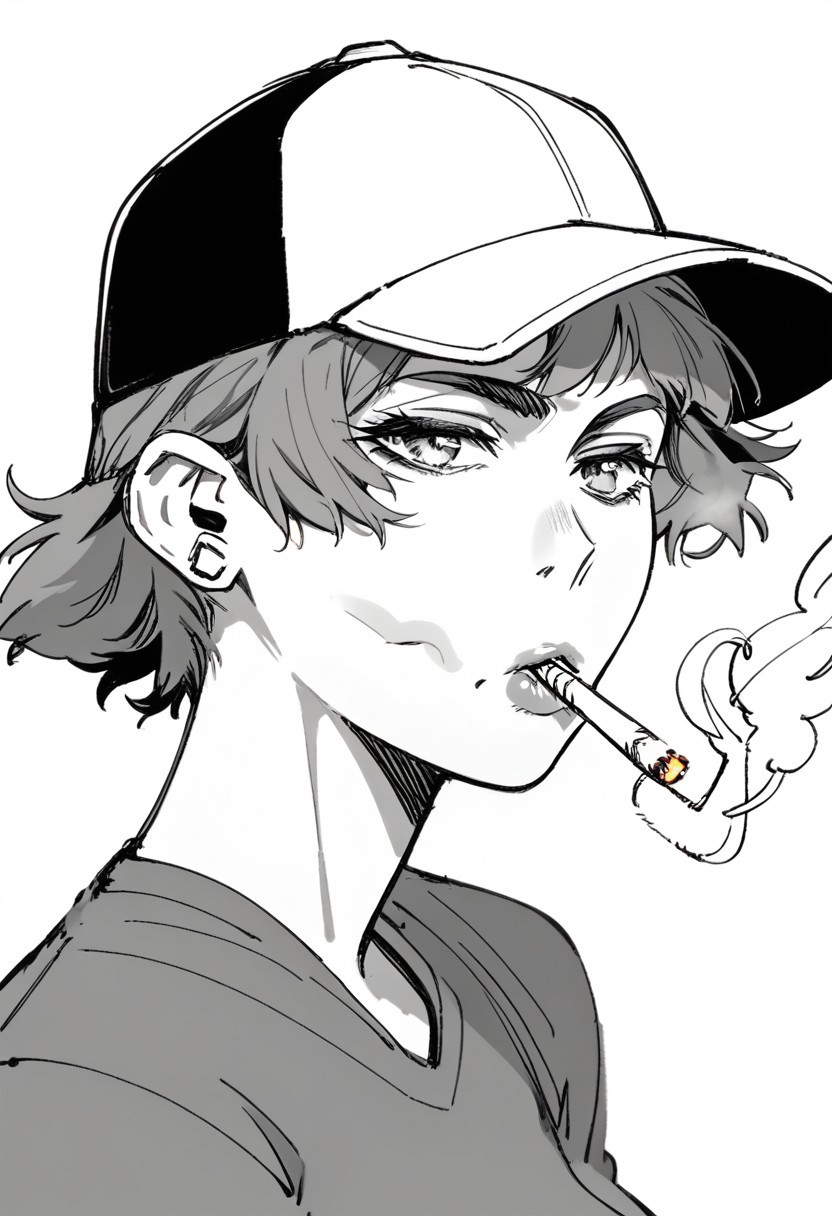 score_6, 1girl, monochrome, lineart, baseball cap, smoking, close-up
