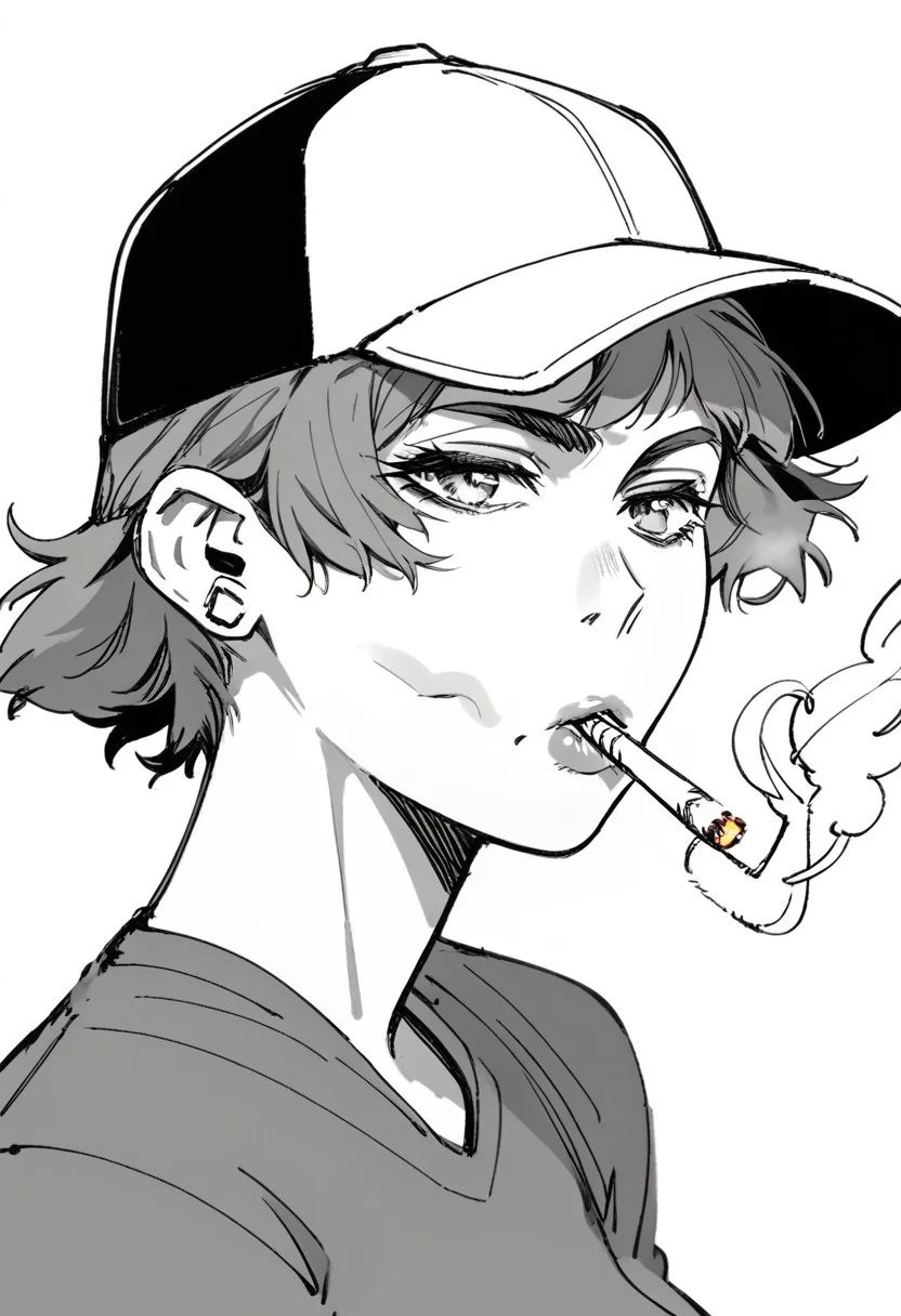 score_6, 1girl, monochrome, lineart, baseball cap, smoking, close-up