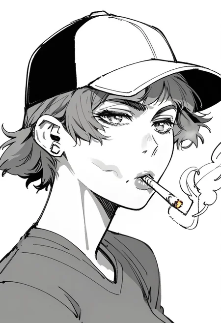 score_6, 1girl, monochrome, lineart, baseball cap, smoking, close-up