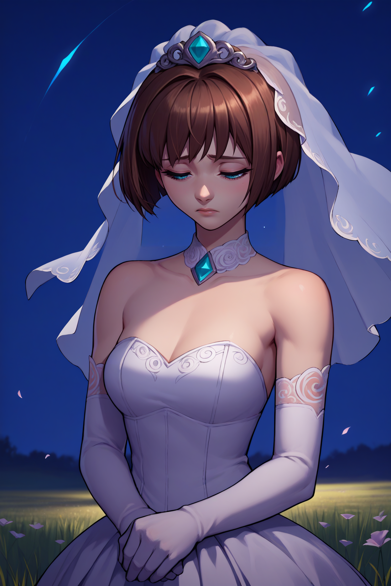 score_9, score_8_up, score_7_up, score_6_up, source_anime, 1girl, solo, <lora:minatsukisaya-pdxl-nvwls-v1-000004:1> s4ya, brown hair, bob cut, blue eyes, bridal veil, wedding dress, elbow gloves, closed eyes, sad, night sky, field