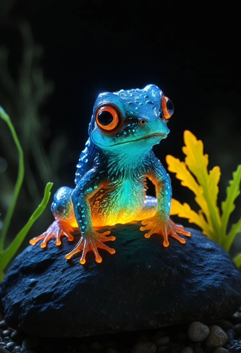 alien-themed (Micro frog), sitting on a rock near a stream at night, cute, ultra detailed macro photography, bioluminescent, cute animal, a housed mystical stunning (Micro puppy), TheWeirdies, zavy-flrscnc, fluorescent, fluorescent dust. extraterrestrial, cosmic, otherworldly, mysterious, sci-fi, highly detailed,
