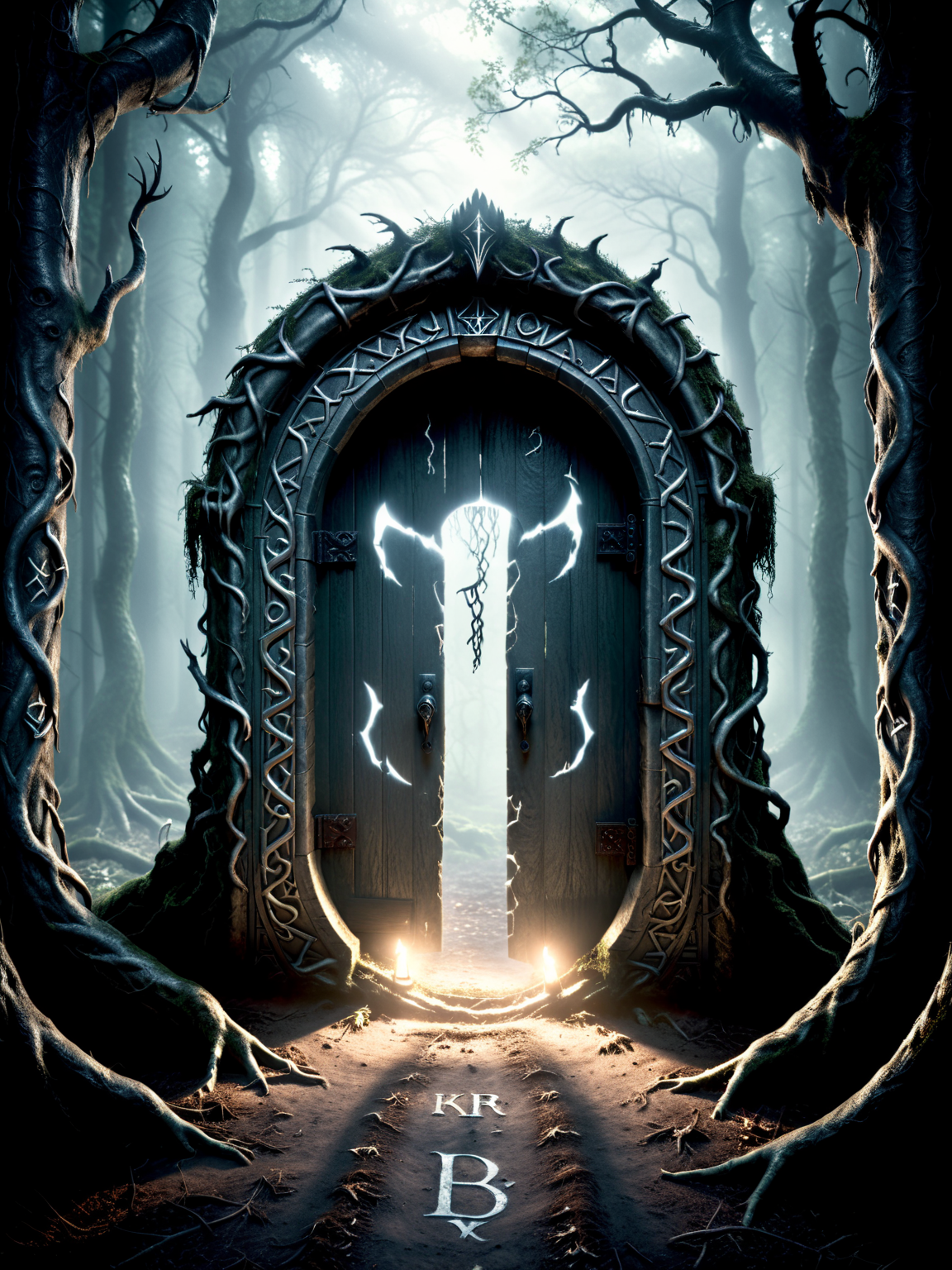 cinematic film still horror-themed, in a dark and gloomy forest stands a magical doorway with brightly glowing silver runes, a gateway to a the hellish world beyond.
 <lora:xl_more_art-full_v1:0.8>, eerie, unsettling, dark, spooky, suspenseful, grim, highly detailed, shallow depth of field, vignette, highly detailed, high budget Hollywood film, bokeh, cinemascope, moody, epic, gorgeous, film grain <lora:Dark Fantasy:1.2> Dark Fantasy