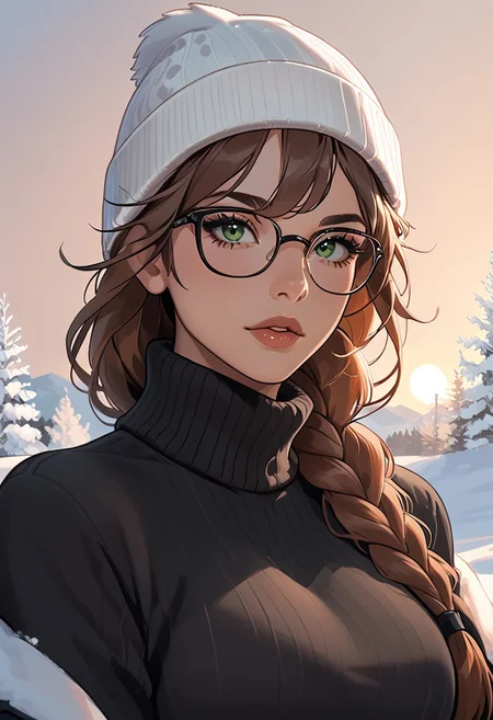 https://civitai.com/user/Acta1771
{{amazing quality, best quality, high quality, very aesthetic}}, 1girl, solo, simple background, dramatic lighting, backlighting, windy, floating hair, portrait, brown hair, single braid, green eyes, glasses, long bangs, black sweater, turtleneck, outdoors, snow, winter, white beanie, sidelocks, vertical stitch sweater, {{white scarf covering mouth}}, thick eyelashes, big eyes