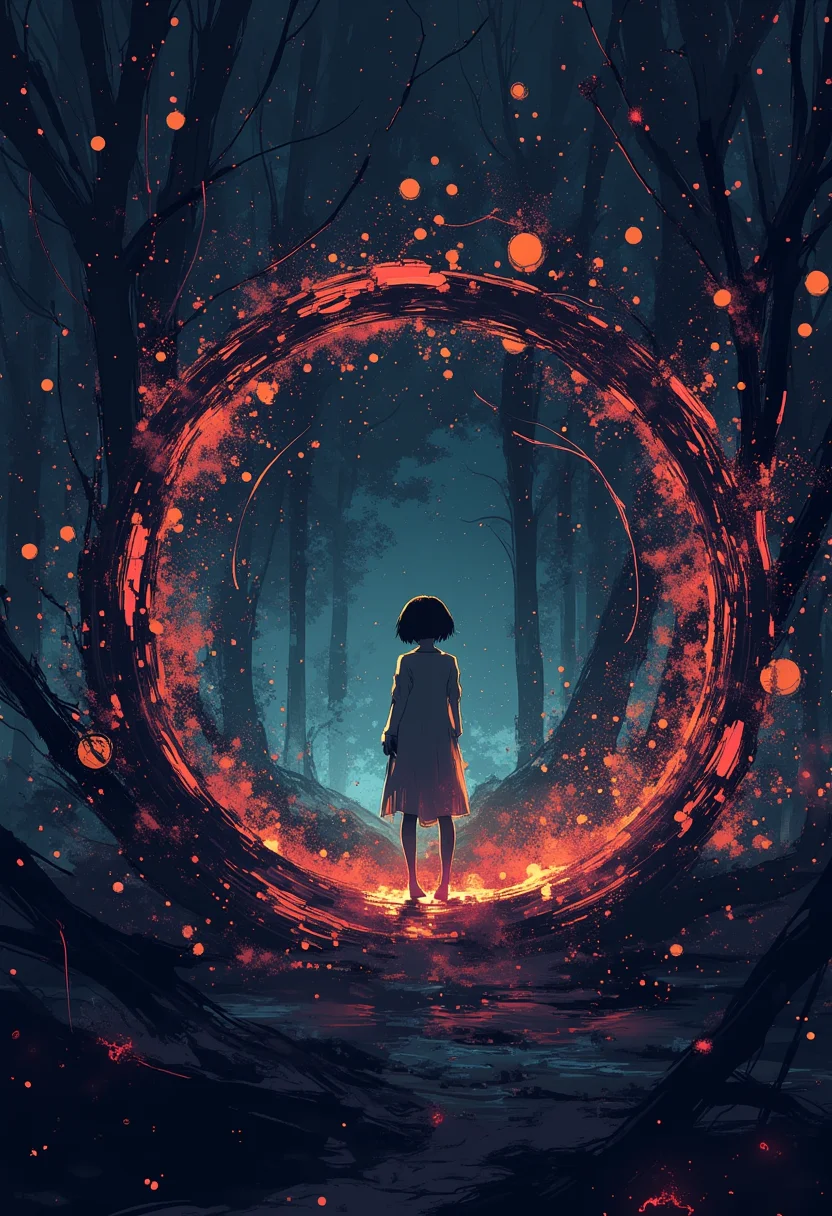 Illustrate the concept "nothingness" as a macabre void filled with beautiful,glowing particles.,