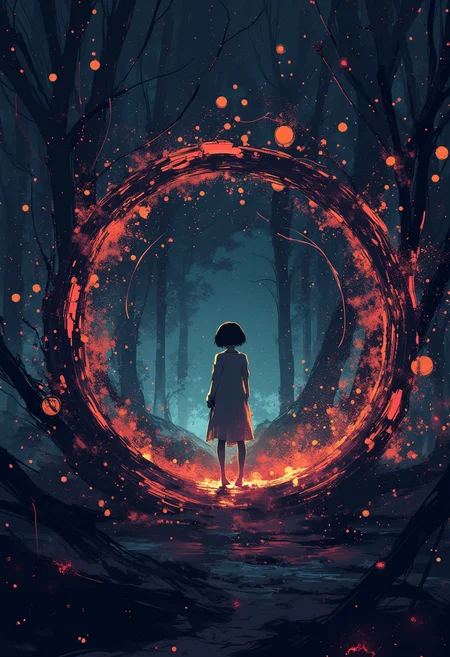 Illustrate the concept "nothingness" as a macabre void filled with beautiful,glowing particles.,