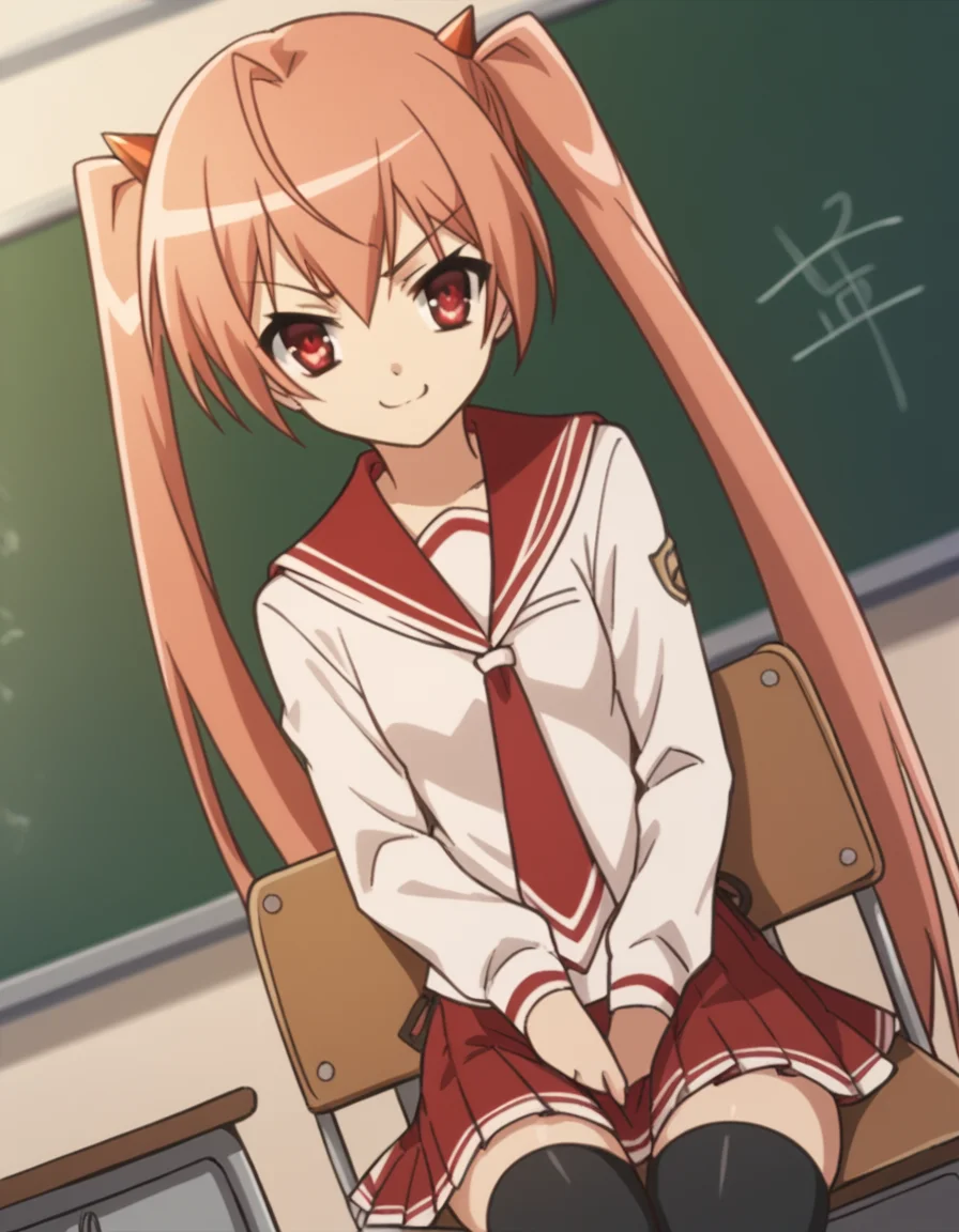 score_9, score_8_up, score_7_up, source_anime, <lora:aria-holmes-kanzaki-s1-ponyxl-lora-nochekaiser:1>, aria holmes kanzaki, long hair, red eyes, twintails, pink hair,, skirt, thighhighs, school uniform, serafuku, zettai ryouiki, white shirt, long sleeves, red sailor collar, necktie, red necktie, red skirt, pleated skirt,, classroom, chalkboard, day time, studying, sitting, chair, desk,, smile, smug, looking at viewer, solo,, dutch angle, cowboy shot