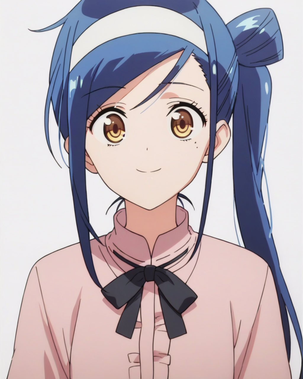 score_9, score_8_up, score_7_up, best quality, masterpiece, anime, anime screencap, anime coloring, looking at viewer, 1girl, solo, upper body, (simple background, solid white background:1.3),  <lora:fumino-bokubenPDXL:0.8>, fumino furuhashi, long hair, side ponytail, pink shirt, black ribbon, white hairband, smile