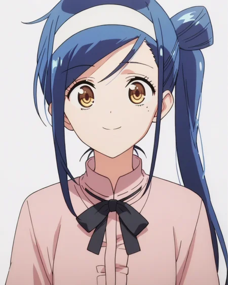 score_9, score_8_up, score_7_up, best quality, masterpiece, anime, anime screencap, anime coloring, looking at viewer, 1girl, solo, upper body, (simple background, solid white background:1.3), <lora:fumino-bokubenPDXL:0.8>, fumino furuhashi, long hair, side ponytail, pink shirt, black ribbon, white hairband, smile
