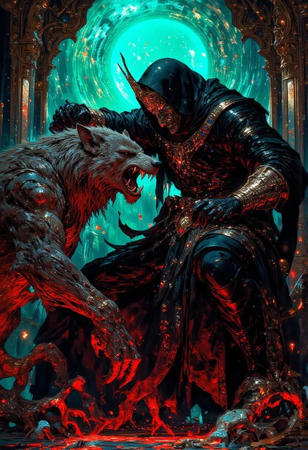 A hyper-realistic Renaissance oil painting of a shadowy, vantablack figure fending off a grisly werewolf. The shadowy figure is wearing a crown sewn into their hood. The backdrop is a neon turquoise gradient, faintly illuminated by glowing, cryptography-inspired symbols, their soft pulses harmonizing with the glowing obsidian tiles. Cinematic lighting bathes the scene in an ethereal glow, accentuating the crown’s brilliance, the robe’s vivid tones, and the surreal floor. Every detail is rendered with precision, merging hyper-realism, Renaissance styles, and surreal elegance into a stunning visual narrative.