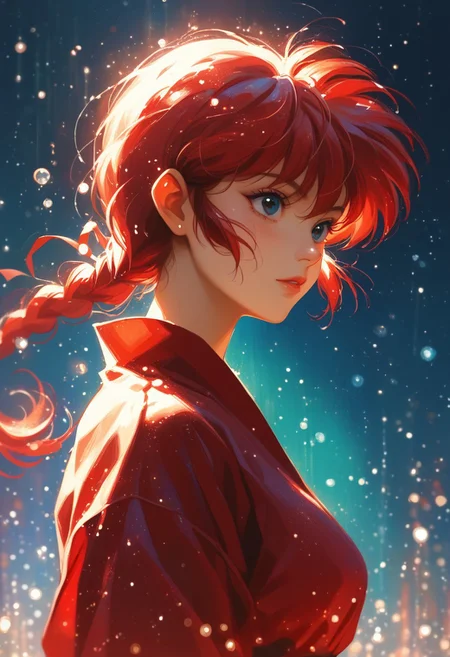 score_9, score_8_up, score_7_up, 1girl, solo, ranma-chan, red hair,, 
particles,