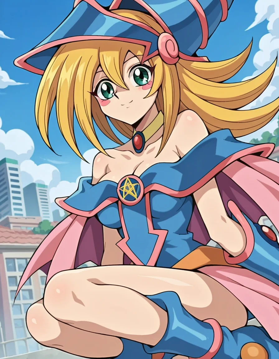 score_9, score_8_up, score_7_up, source_anime,
darkmagiciangirl, <lora:dark-magician-girl-anime-ponyxl-lora-nochekaiser:1>
dark magician girl, blonde hair, choker, green eyes, long hair, blush, blush stickers,
bare shoulders, blue footwear, blush, blush stickers, cleavage, collarbone, duel monster, hat, off shoulder, pentacle, wizard hat,
outdoors, cityscape, smile,
looking at viewer, dutch angle, cowboy shot,