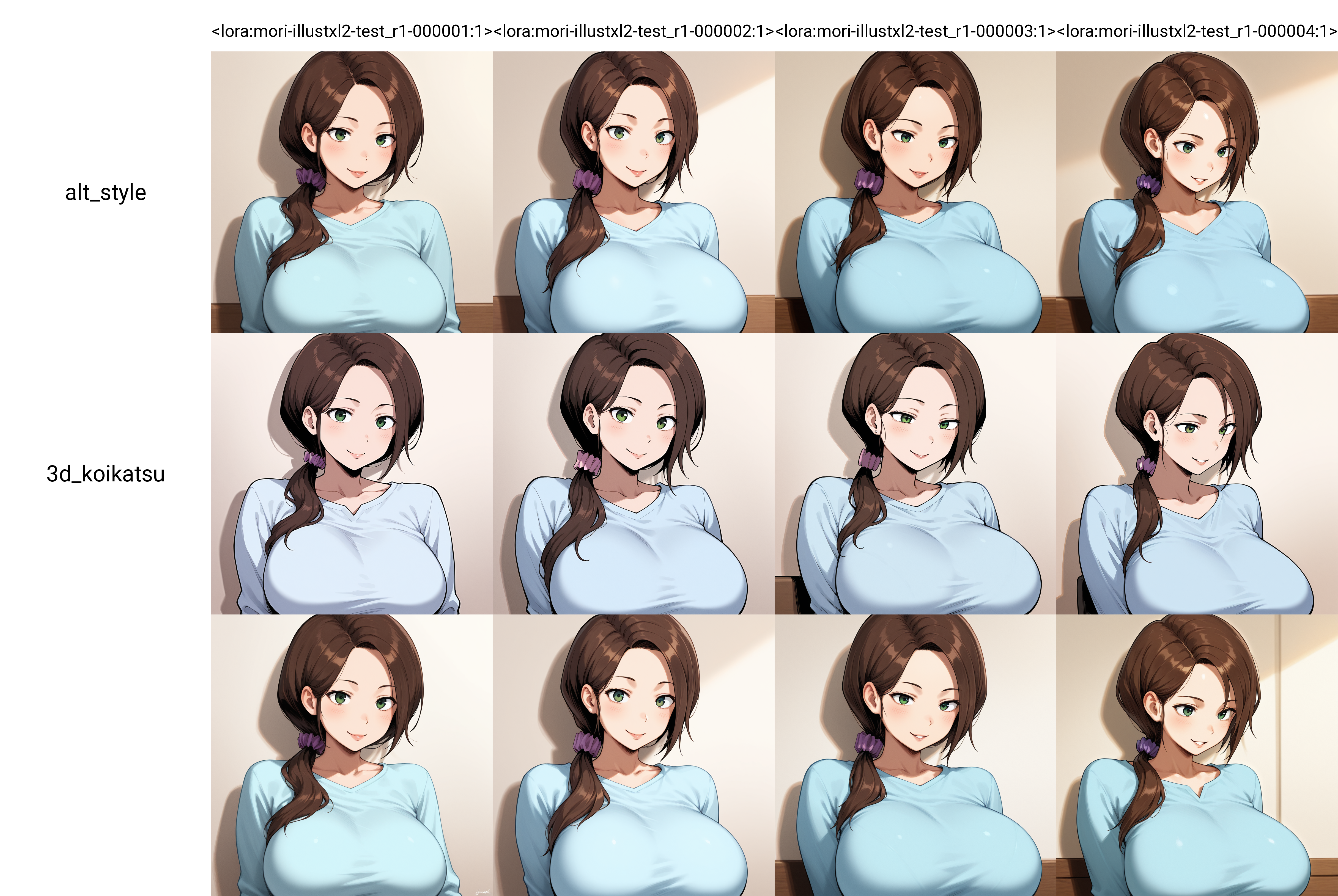 masterpiece,best quality,amazing quality,<lora:mori-illustxl2-test_r1-000001:1>,  womanmri, brown hair, low ponytail, hair scrunchie, large breasts, green eyes,solo, gentle smile,motherly,