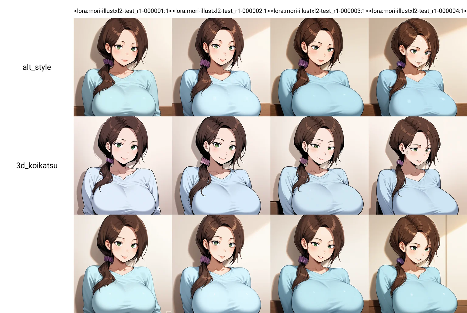 masterpiece,best quality,amazing quality,<lora:mori-illustxl2-test_r1-000001:1>, womanmri, brown hair, low ponytail, hair scrunchie, large breasts, green eyes,solo, gentle smile,motherly,