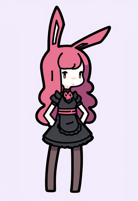 best quality, amazing quality, very aesthetic, absurdres,
1girl, chibi,
long hair, red hair, bunny ears,
black dress, maid, black stockings,
hands on hips, standing, full body, solo, looking at viewer, simple background, white background, <lora:RabbitAndSteelIllustriousLocon_byKonan:1>