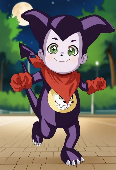 score_9, score_8_up, score_7_up, highly detailed, CuteCartoonStyle, cute boy, digimon (creature), solo, purple skin, green eyes, red bandana, red gloves, tail, at night, full moon, running, motion blur, smug smile, park
DSCStyle, round eyes, exaggerated proportions, cartoonish features, anime-inspired, cute aesthetics, cartoonish proportions, highlights,smooth lines, glossy highlights, minimal detail, clean outlines, consistent line weight, gentle highlights