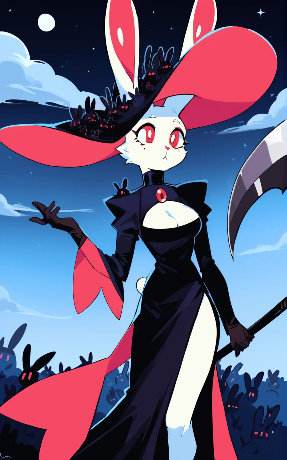 score_9, score_8_up, score_7_up,((best quality)), absurdres, <lora:BolivanteStyle:0.8>, <lora:BunWitchPXL:0.8>,BunWitchPXL,hat, black dress, dress, cleavage, clothing cutout,side slit, black headwear,rabbit tail,cleavage cutout,long sleeves,red eyes, gloves,black gloves,black footwear, rabbit ears,furry, rabbit, rabbit girl, furry female, long dress,white fur, ears through headwear, animal nose,slim, moon, night, black sky, clouds,bored,scythe, holding scythe,