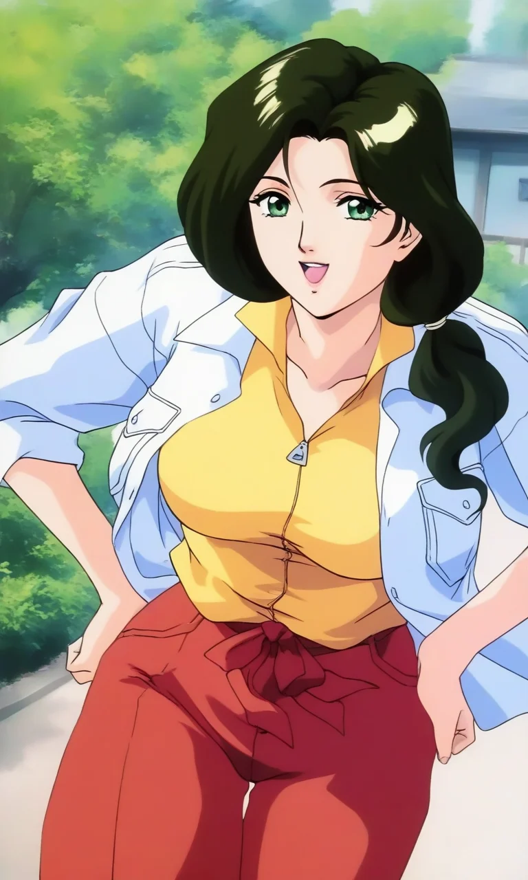 general,highres, ultra-detailed,very aesthetic,best quality ,best hands, BREAK <lora:Sakurai_Sensei_Injuu_Seisen_Ver2.0_IS:1>
Sakurai_Sensei, 1girl,solo, dark green hair, long hair, green eyes, large breasts, low ponytail, lips,smile,looking at viewer, cowboy_Shot, open mouth, closed jacket, button,
Yellow shirt, white jacket, red pants, long pants,
hands on own hip,
outdoor, day,
