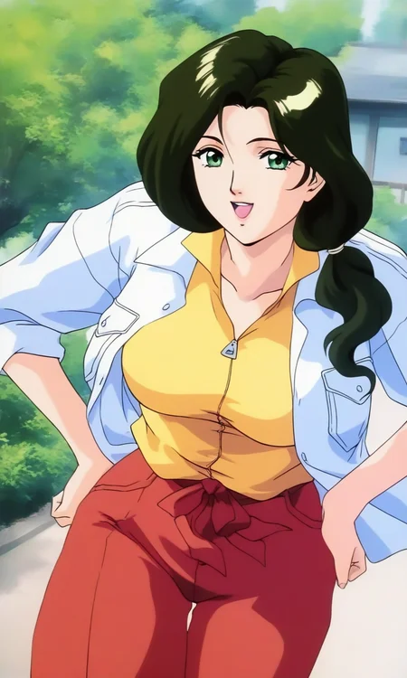 general,highres, ultra-detailed,very aesthetic,best quality ,best hands, BREAK <lora:Sakurai_Sensei_Injuu_Seisen_Ver2.0_IS:1>
Sakurai_Sensei, 1girl,solo, dark green hair, long hair, green eyes, large breasts, low ponytail, lips,smile,looking at viewer, cowboy_Shot, open mouth, closed jacket, button,
Yellow shirt, white jacket, red pants, long pants,
hands on own hip,
outdoor, day,