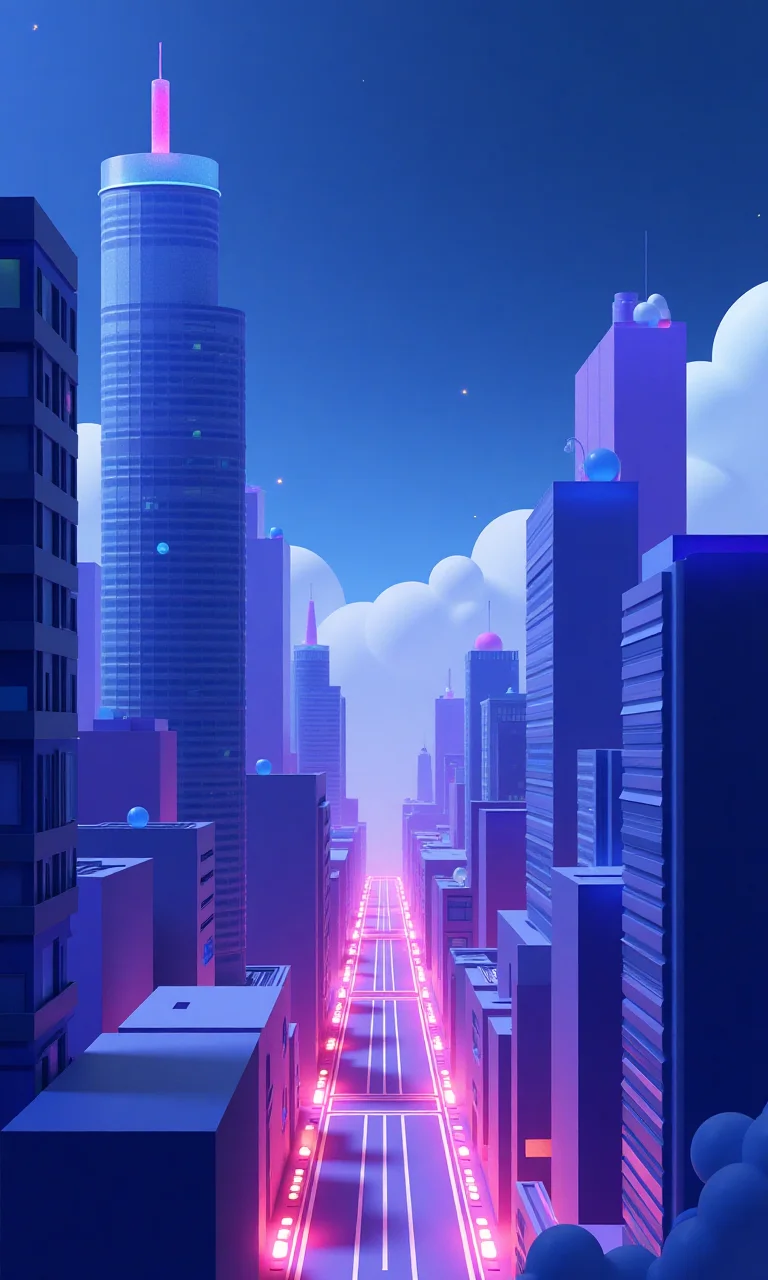 3D illustration, futuristic cityscape with skyscrapers, glowing streets, starry sky background, blue and purple tones, high contrast lights