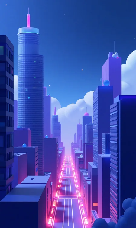 3D illustration, futuristic cityscape with skyscrapers, glowing streets, starry sky background, blue and purple tones, high contrast lights 