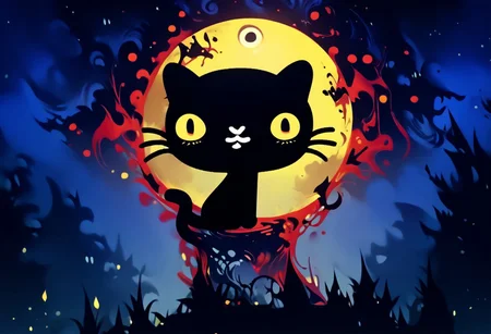 score_9,score_8,score_7,high quality, highres, high resolution, dark lighting, sitting, mio_pucca, black cat, cat, black body, tail, cat, black cat, solo, 1boy, :3, yellow sclera, yellow eyes, chinese village, at night, moon, looking at viewer, starry sky, occultoculi,, 1gothic1, red