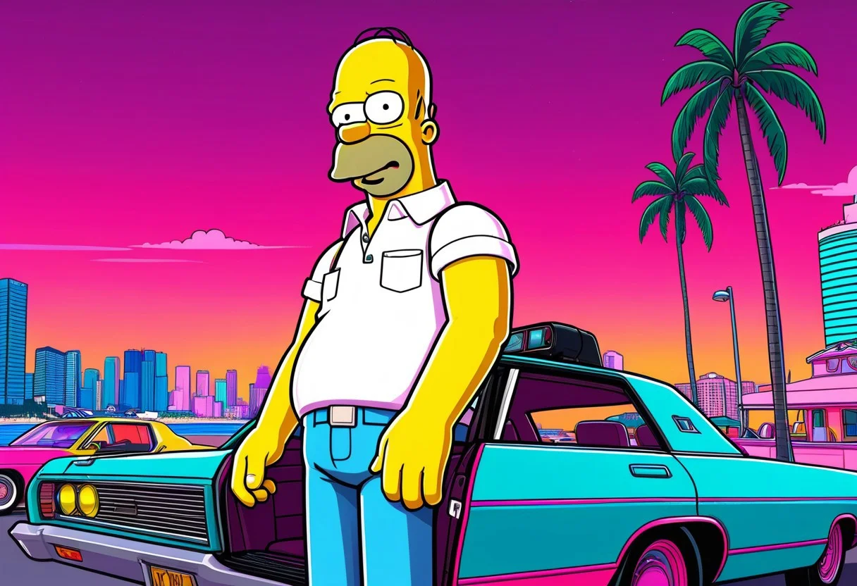 Homer simpson as a character in GTAV, vice city, neon, pastel, miami vice, flat colors, dutch angle, tilted angle, rockstar games, gta vice city, grand theft auto style, exaggerated, pop art style, vibrant colors, full body view
<lora:add-detail-xl:1> <lora:aesthetic:1> <lora:detailed_notrigger:1> <lora:Line Art Style SDXL_LoRA_20r_20e_8i_nr32_a16_Pony Diffusion V6 XL:1>