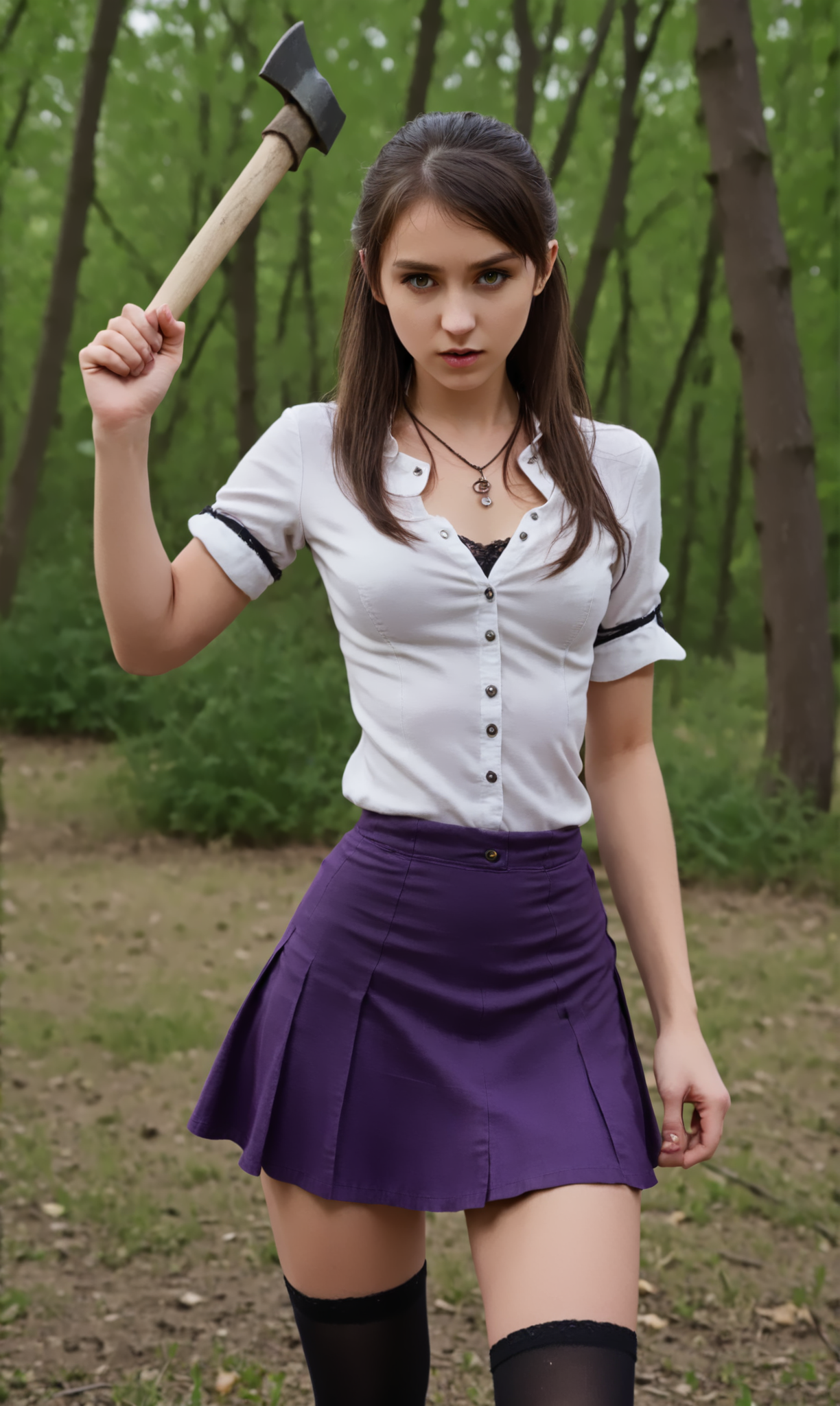 ovhatt, [bothnd|onehnd}, front view, (slim 25yo girl) is overhead attacking with a single sided axe in a crowded park, purple skirt and white blouse, black (holdup stockings), necklace,  long brunette hair
 <lora:OverheadAttack:1>