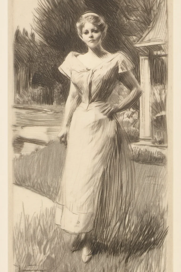 best quality, traditional media, pencil sketch style, zorn, 1 girl, dress, garden, upperbody <lora:zorn:1>