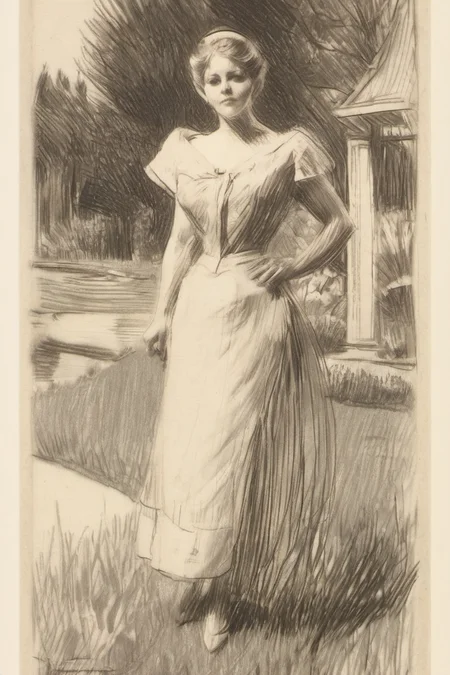best quality, traditional media, pencil sketch style, zorn, 1 girl, dress, garden, upperbody <lora:zorn:1>