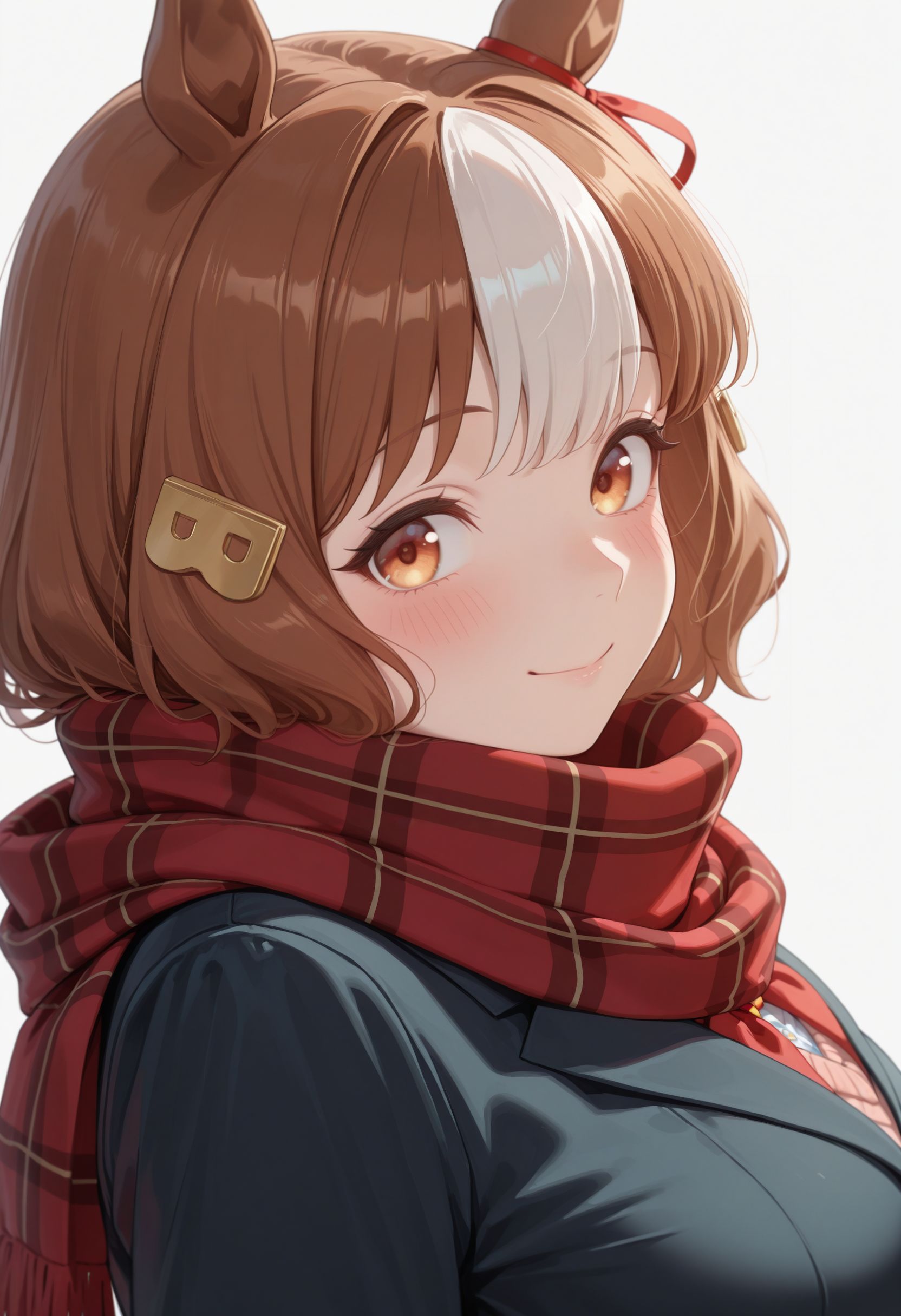 masterpiece, best quality, amazing quality, very awa,absurdres,newest,very aesthetic,
<lora:Berno illu:1> 1girl, animal ears, red scarf, brown hair, smile, looking at viewer, white background, horse girl, upper body, simple background, multicolored hair, black jacket, medium breasts, white hair, long sleeves, hair ornament, closed mouth, brown eyes, streaked hair, blush, plaid scarf, enpera