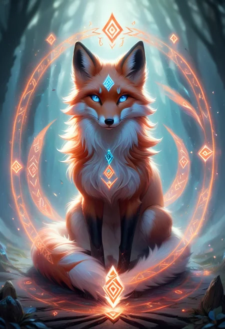 A spirit fox in a rune circle, concept art, ethereal