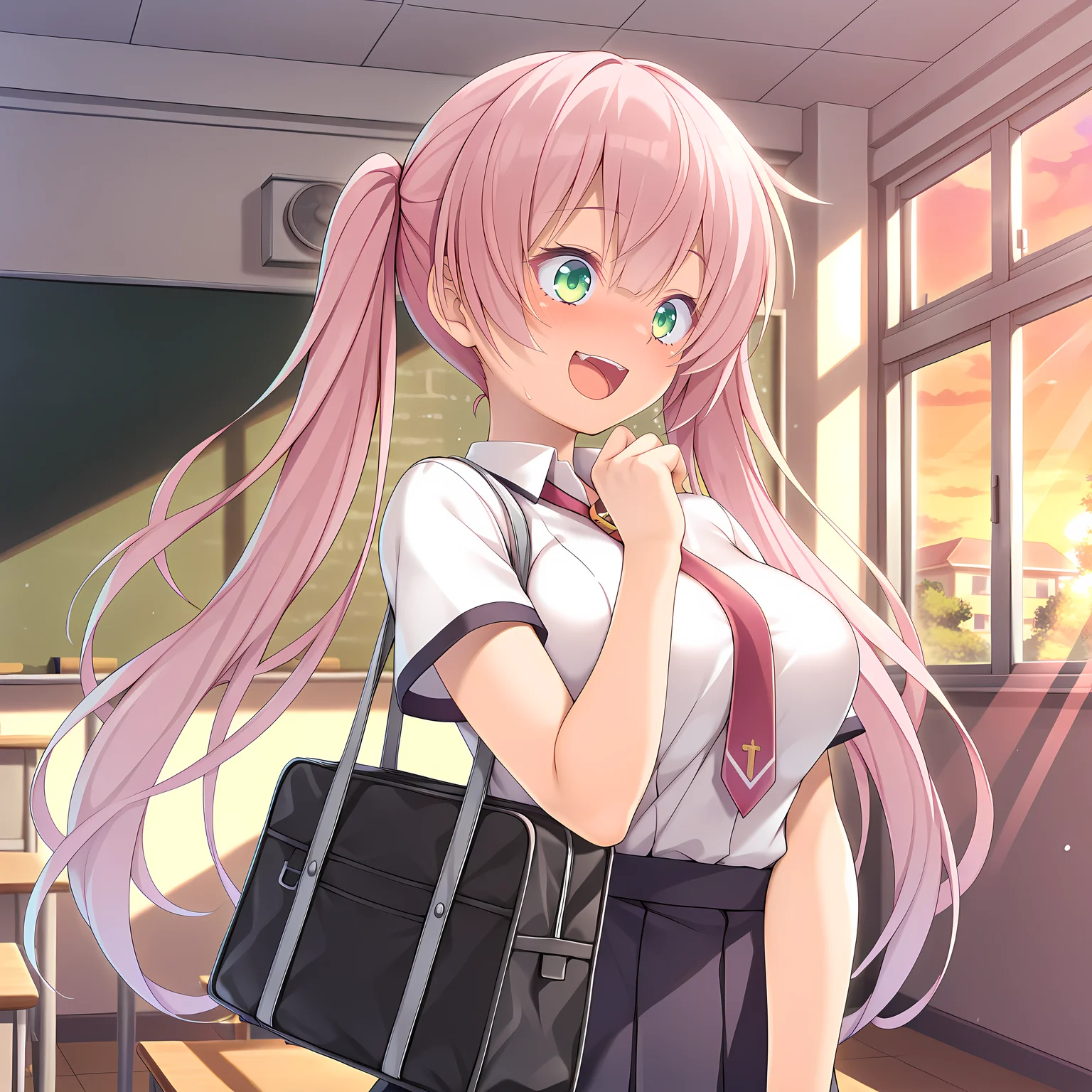 <lora:Terese_Elminaãã¬ãµã¨ã«ããã¢_-_Escude_-_Hime_to_Aiyoku_no_Sacrifice:0.8>,solo,terese,pink hair,long hair,twintails,green eyes,large breasts,indoors,school,classroom,chalkboard,windows,light rays,dappled sunlight,sunset,school uniform,school bag,excited,cheering,, masterpiece,best quality,amazing quality, very aesthetic, absurdres,detailed eyes,ultra-detailed,