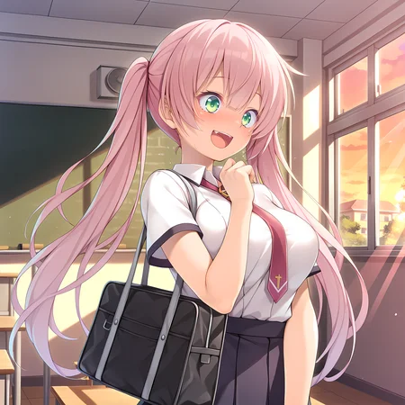 <lora:Terese_Elminaãã¬ãµã¨ã«ããã¢_-_Escude_-_Hime_to_Aiyoku_no_Sacrifice:0.8>,solo,terese,pink hair,long hair,twintails,green eyes,large breasts,indoors,school,classroom,chalkboard,windows,light rays,dappled sunlight,sunset,school uniform,school bag,excited,cheering,, masterpiece,best quality,amazing quality, very aesthetic, absurdres,detailed eyes,ultra-detailed,