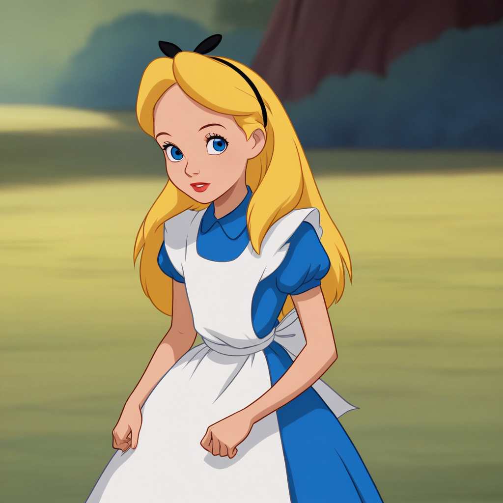 score_8_up, BREAK, Alice, 1girl, solo, blonde hair, long hair, blue eyes, headband, ribbon bow, blue dress, short sleeves, white apron, cowboy shot, <lora:AliceInWonderland_PXL_Leaf1:0.8>, looking at viewer, outdoors, arms at sides,