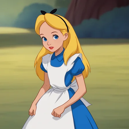 score_8_up, BREAK, Alice, 1girl, solo, blonde hair, long hair, blue eyes, headband, ribbon bow, blue dress, short sleeves, white apron, cowboy shot, <lora:AliceInWonderland_PXL_Leaf1:0.8>, looking at viewer, outdoors, arms at sides,