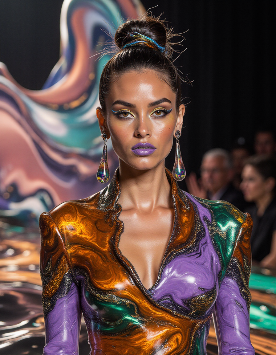 Under the glowing lights of a surreal fashion show, a model walks a runway made of rippling liquid marble. Her outfit is a sculptural masterpiece, combining metallic marble textures in shades of fiery orange, lavender, and emerald green with intricate lace details. Her hair is styled into a sleek top knot with strands of reflective metallic threads framing her face. Her makeup is editorial, with holographic eyeliner that catches the light, radiant gold highlighter, and lips adorned with a glossy lavender shine. Her earrings are long, flowing shapes resembling liquid droplets, shimmering as she moves.
<lora:ral-lqdmrbls-flux_000004000:1>