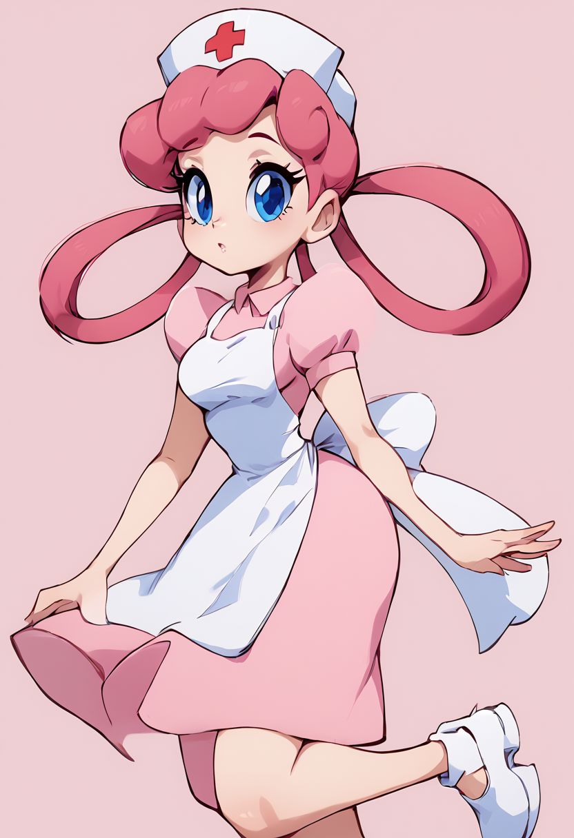 score_9, score_8_up, score_8, medium breasts, (curvy), cute, eyelashes,        zznursejoy, pink hair, hair rings, blue eyes, pink dress, apron, nurse cap, white footwear, zPDXL, p4st3lg0r3