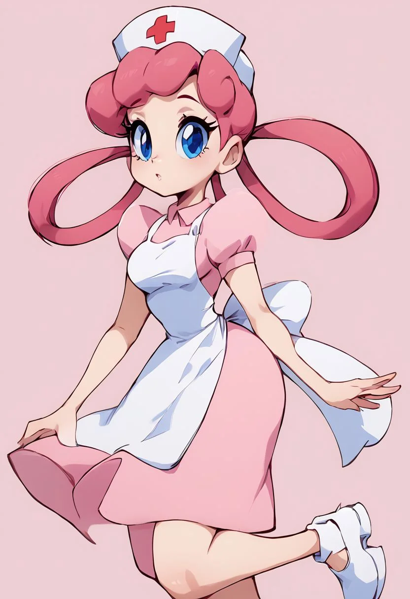 score_9, score_8_up, score_8, medium breasts, (curvy), cute, eyelashes, zznursejoy, pink hair, hair rings, blue eyes, pink dress, apron, nurse cap, white footwear, zPDXL, p4st3lg0r3