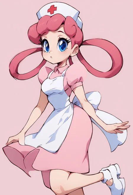 score_9, score_8_up, score_8, medium breasts, (curvy), cute, eyelashes,        zznursejoy, pink hair, hair rings, blue eyes, pink dress, apron, nurse cap, white footwear, zPDXL, p4st3lg0r3