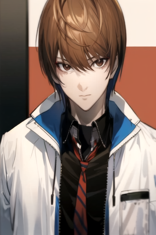 masterpiece, best quality, wallpaper, 1boy, solo, male focus, looking at viewer, upper body, depth of field, anime coloring, , <lora:light_yagami:0.96>, light_yagami, brown hair, brown eyes, zombie costume, , 2k resolution