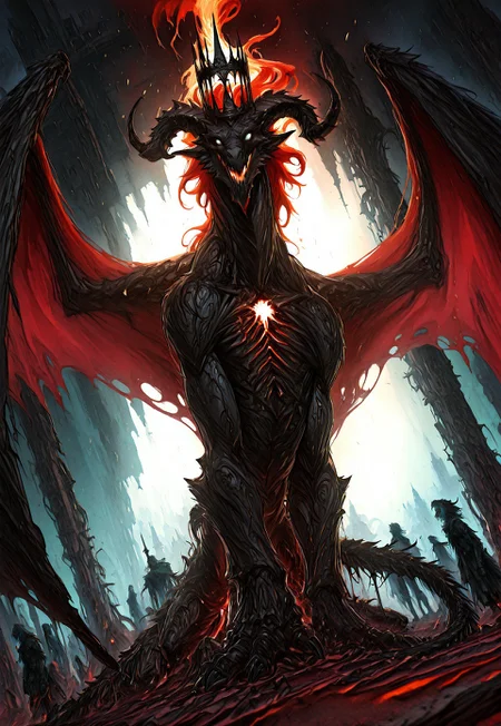 masterpiece, best quality, very aesthetic, absurdres, r17329_illu, sketch, xxx667_illu. A towering, apocalyptic dragon, his colossal frame dominates the scene, his scorched black scales gleaming like obsidian armor, each one jagged and worn from countless wars. His left eye is scarred and blinded, the wound extending down his battle-ravaged side, a permanent reminder of brutal conflicts. His left forelimb, torn from his body long ago, has been replaced with a black metal talon, fused to his being, shaped like a demonic dragon’s claw. Molten veins glow beneath his scales, pulsating like liquid fire.
His head is monstrous, framed by a crown of twisted, charred horns, cracked but unbroken. A fiery red mane, wild and uncontained, flickers and dances like an eternal inferno. His glowing white eyes, burning with insanity, pierce through the shadows, radiating madness and destruction. His wings, massive and battle-torn, stretch wide, their magma-filled membranes glowing ominously, tattered yet unyielding. His chest rises and falls, each breath shaking the earth, embers swirling around him.
From a cinematic dutch angle, he looms over the viewer, firelight casting deep shadows over his monstrous form. The very air distorts from the overwhelming heat radiating off him. His power is boundless, his rage volcanic—he is an unstoppable force of annihilation, poised to reduce the world to cinders.