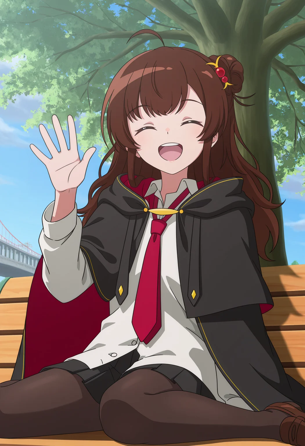 <lora:Meg Raspberry_illustrious-000022:1>,
Meg Raspberry,closed eyes,solo,outdoors,necktie,smile,ahoge,shirt,facing viewer,red necktie,white shirt,school uniform,hair ornament,sky,robe,day,tree,collared shirt,bench,single hair bun,bridge,cloak,hood,sitting,long sleeves,black pantyhose,black skirt,from_below,waving,upper teeth only,loafers,wariza