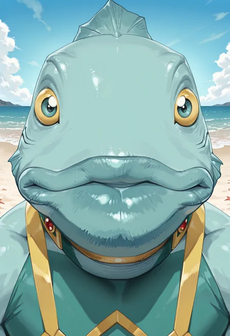 best quality, amazing quality,  absurdres, newest, masterpiece, AquariusINV, 1boy, solo, fish boy, no humans, aquarius outfit, chest piece, superhero, blue skin, male focus, head fin, big lips, beach, webbed hands, kissing viewer, looking at viewer, close-up, duck lips  <lora:NOOB_vp1_detailer_by_volnovik_v1:.95>  <lora:Aquarius_Invincible:.9>