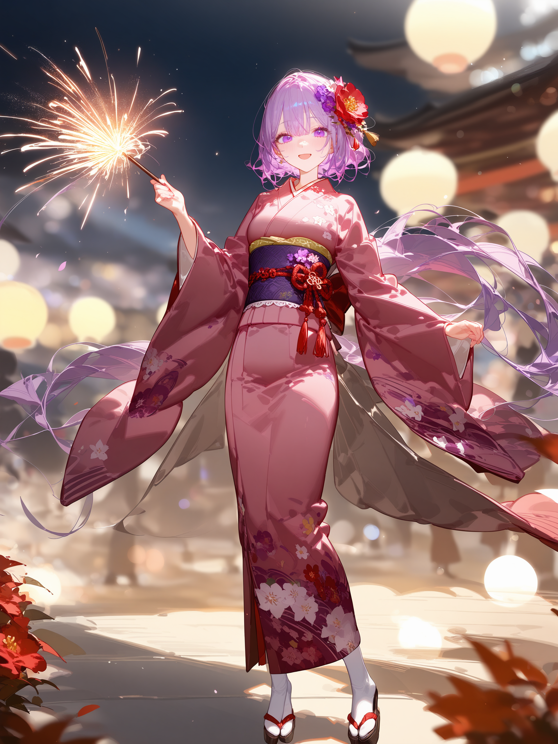 1girl, amaori renako, solo, purple eyes, kimono, hair flower, obi, sash, tabi, zouri, standing, full body, holding fireworks, smile, open mouth, night, outdoors, blurry background <lora:Char-Amaori_Renako-V1-SDXL:0.9>, illustration, incredibly absurdres, ultra detailed, masterpiece, best quality, perfect features, intricate details, ray tracing, very aesthetic, (hitenkei, askzy:0.4), [<lora:XL-detailed_notrigger:0.95>::0.5], [:<lora:XL-aesthetic_anime:1.2>:0.5]