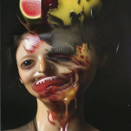 An award winning portrait photograph, a gorgeous busty bombshell brunette woman with teeth growing upon teeth and teeth, black ink facial tattoos, by Rembrandt, gravitational lensing, hoph fibration bundles distortion of features of transparent glass fruit, watermelon, apples, grapes, pears, figs, fern, flowers, flies, snakes, slugs, spiders, Leica M3, strobe flash, 3d stereoscopic color photograph, back lit, optical flow vector resolved Randomly,