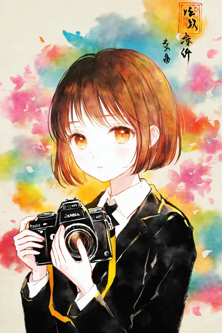 ((((ink wash painting,jidao huashi)))),((artist:gomzi)),((limited_palette)),high_contrast,inverted_colors,colorful,sumi-e,Japanese bird painting,minimalist brush strokes,cherry blossoms,serene,traditional ink,close-up,film_strip,film_strip_on_screen,film_strip_on_background,colorful,light_flare,1girl,upper body,black jacket,short hair,camera,camera in hand,hand up,look at viewer,abstract_background,
