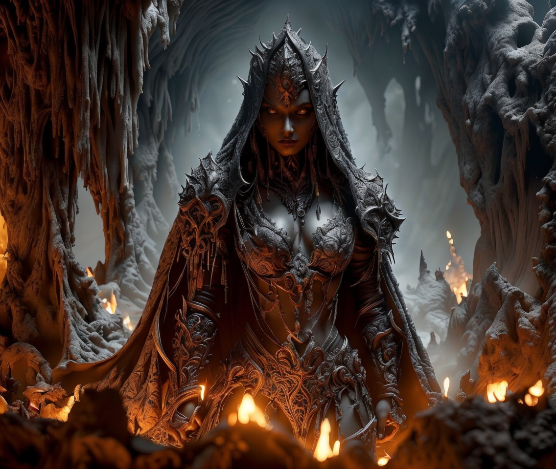 RAW photo, (masterpiece:1.3), subsurface scattering, heavy shadow, (high quality:1.4), (intricate, high detail:1.2), professional photography, HDR, High Dynamic Range, realistic, ultra realistic, photorealistic, high resolution, film photography, ambient lighting, atmospheric effects, <lora:detail_slider_v4:2>, OverallDetail, a female drow ranger, dark makeup, intricate leather armor with leaf patterns, jewelry, cape, tiara, <lora:Drow:0.8>, in a sinister underground cavern, river, stalagmites, <lora:Evil:0.66>, evilrealm, epiCPhoto