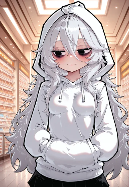 masterpiece, best quality, 1girl, solo, Funset, Shadwo, black_eyes, white_hair, grey_hair, very_long_hair, messy_hair, hair_between_eyes, ahoge, small_breasts, bags_under_eyes, white hoodie, hood up, black skirt, indoors, mall, hands in pockets, looking down, looking to the side, light smile, blush