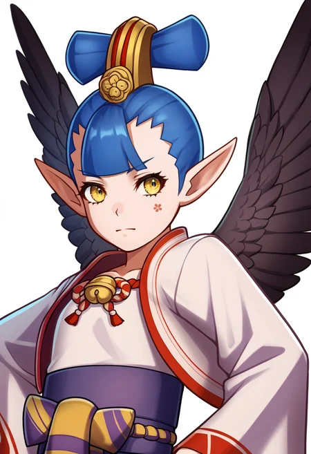 score_9, score_8_up, score_7_up, source_anime BREAK 1girl, solo,
<lora:zs_EngagePortraitsXL:1> engageportraits, portrait, white background
<lora:zs_AmanazokoXL:1> amanazokosmtv, blue hair, hair ornament, yellow eyes, pointy ears, black wings, kimono, wide sleeves,