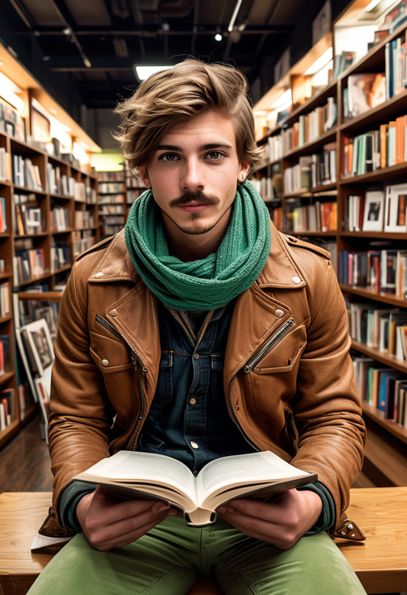 award winning, (professional photo) of (cool hipster) young man, Average build, medium hazel hair, short cropped hair, mustache, spanish, tan skin, light green eyes,  wearing a brown leather jacket, corduroy pants, leather boots, fingerless gloves patterned scarf, set in the 2010s, in  a large bookstore, with extensive book collection, modern seating, spacious layout, clean lines, and bright lighting, at day, , creative, beautiful, vibrant, masterpiece, 64k, UHD, HDR, full view, atmospheric lighting, extremely detailed
